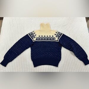 Paul Mage Navy and Cream All Wool Nordic Fair Isle Turtleneck Sweater Size Sm